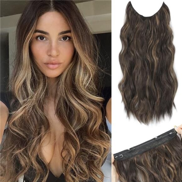20 Inch Invisible Wire Hair Extensions Brown with Highlighters